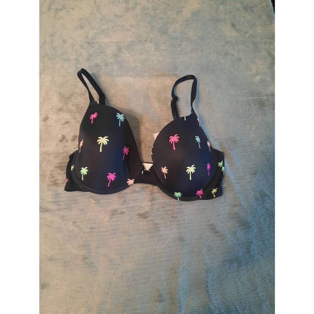 Victoria's Secret PINK size 32D Wear Everywhere Tshirt Bra Black Palm Trees